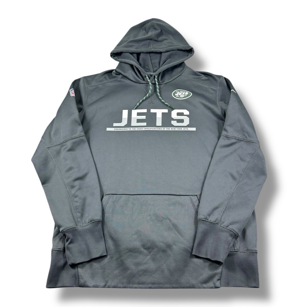 Nike NFL On-Field New York Jets Gray Spellout Therma-Fit Hoodie Mens Large EUC